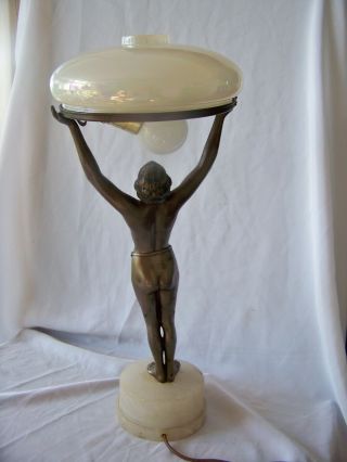 Vintage Art Deco Metal Lady Lamp w Iridescent Round Glass Shade 7