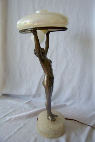 Vintage Art Deco Metal Lady Lamp w Iridescent Round Glass Shade 8