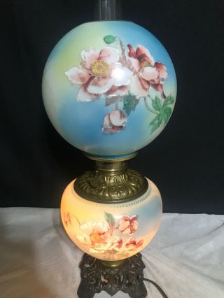Antique Victorian Banquet GWTW Gone with the Wind Oil Lamp Handpainted Floral 10