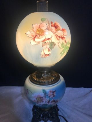 Antique Victorian Banquet GWTW Gone with the Wind Oil Lamp Handpainted Floral 11