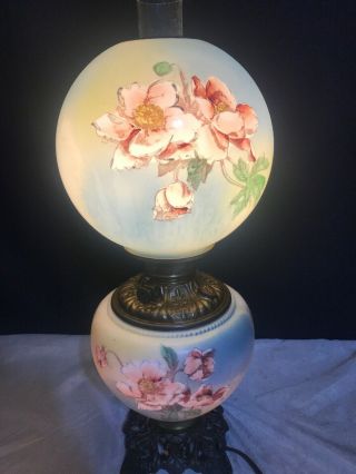 Antique Victorian Banquet GWTW Gone with the Wind Oil Lamp Handpainted Floral 12