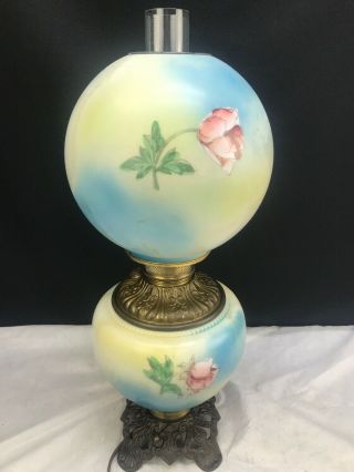 Antique Victorian Banquet GWTW Gone with the Wind Oil Lamp Handpainted Floral 5