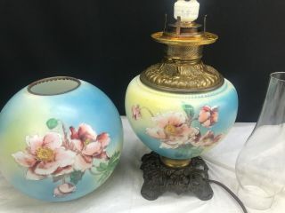 Antique Victorian Banquet GWTW Gone with the Wind Oil Lamp Handpainted Floral 8