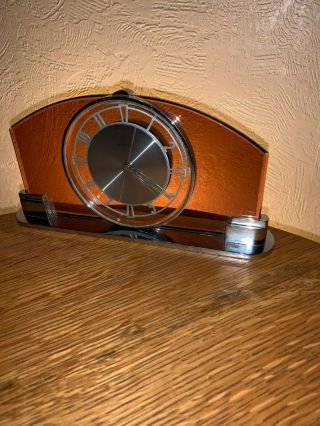 Mauthe Clock Art Deco Chrome & Amber Colored Glass