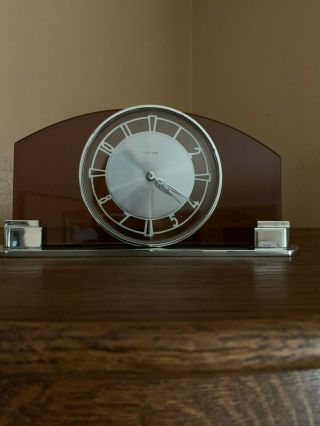 Mauthe clock Art Deco chrome & amber colored glass 2