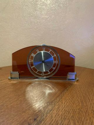Mauthe clock Art Deco chrome & amber colored glass 3