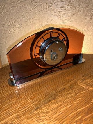 Mauthe clock Art Deco chrome & amber colored glass 5