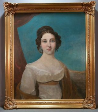 Lg 19thc Antique Victorian Era Lady Portrait Oil Painting Old Wood & Gesso Frame