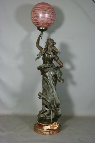 LG Antique ART NOUVEAU Bronzed LADY STATUE Figural NEWEL POST Old BANNISTER LAMP 10