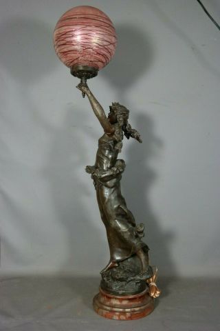 LG Antique ART NOUVEAU Bronzed LADY STATUE Figural NEWEL POST Old BANNISTER LAMP 12