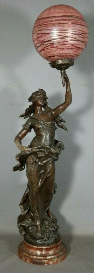 Lg Antique Art Nouveau Bronzed Lady Statue Figural Newel Post Old Bannister Lamp