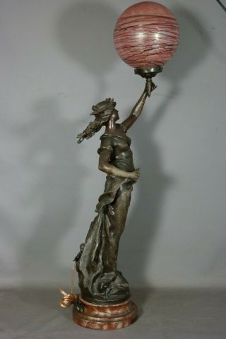 LG Antique ART NOUVEAU Bronzed LADY STATUE Figural NEWEL POST Old BANNISTER LAMP 7