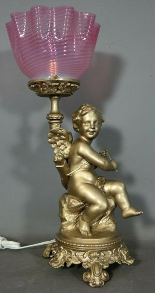 Antique Art Nouveau Era Winged Cupid Bow Arrow Putti Statue Figural Boudoir Lamp