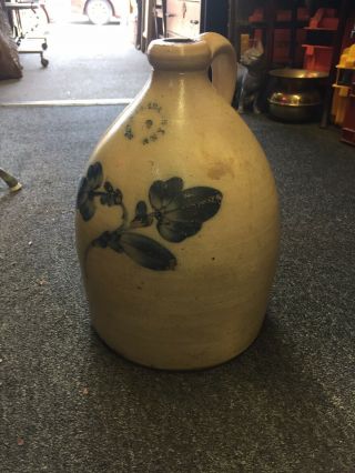 Antique STONEWARE JUG CROCK COBALT BLUE FLOWERS SAYS NATHAN CLARK JR NY RARE 11