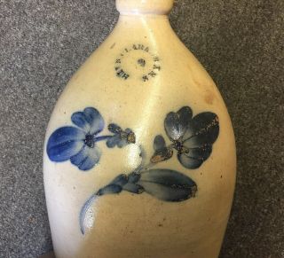 Antique STONEWARE JUG CROCK COBALT BLUE FLOWERS SAYS NATHAN CLARK JR NY RARE 7