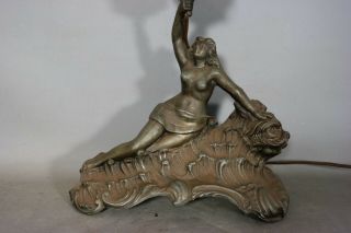 Antique ART DECO Figural BRONZED NUDE LADY Old DOLPHIN Fish BEACH Statue LAMP 2