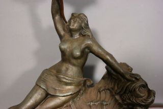 Antique ART DECO Figural BRONZED NUDE LADY Old DOLPHIN Fish BEACH Statue LAMP 3