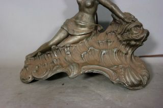 Antique ART DECO Figural BRONZED NUDE LADY Old DOLPHIN Fish BEACH Statue LAMP 4