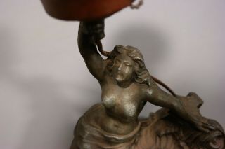 Antique ART DECO Figural BRONZED NUDE LADY Old DOLPHIN Fish BEACH Statue LAMP 5