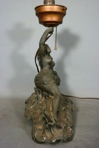 Antique ART DECO Figural BRONZED NUDE LADY Old DOLPHIN Fish BEACH Statue LAMP 6