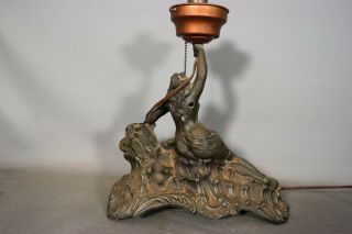 Antique ART DECO Figural BRONZED NUDE LADY Old DOLPHIN Fish BEACH Statue LAMP 7