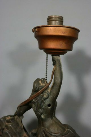 Antique ART DECO Figural BRONZED NUDE LADY Old DOLPHIN Fish BEACH Statue LAMP 9
