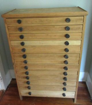 Vintage Rustic Wood 13 Drawer Printer ' s Cabinet 52x34x18 