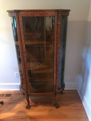 Antique Tiger Oak Curio Display Cabinet Curved Glass,  4 Shelves