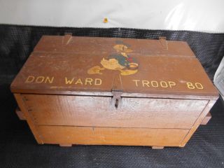 Antique Boy Scouts Wood Box Footlocker Don Ward Troop 80 Donald Duck Mobil Oil