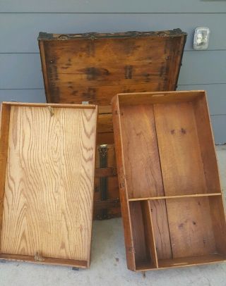 RARE ANTIQUE VINTAGE OAK WOOD LEATHER 1800s 19th Century RESTORED STEAMER TRUNK 7