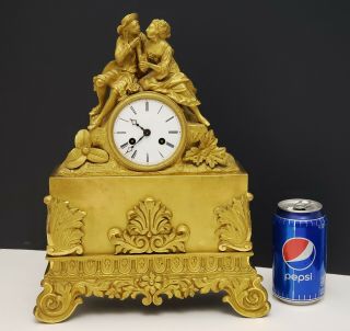19th C Antique French Empire Figural Bronze Ormolu Mantle Clock W Loving Couple