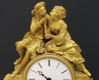 19th c Antique French Empire Figural Bronze Ormolu Mantle Clock w Loving Couple 4