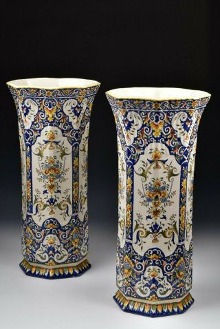 Monumental French Faience Polychrome Painted Enamel Vases