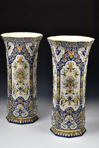 Monumental French Faience Polychrome Painted Enamel Vases 2