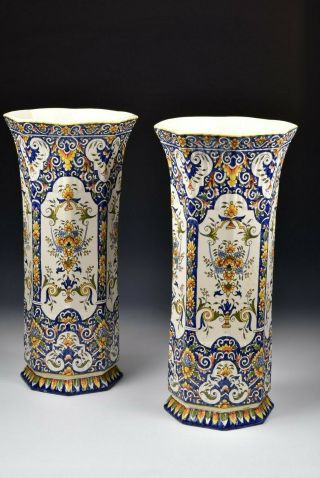 Monumental French Faience Polychrome Painted Enamel Vases 3