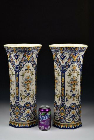 Monumental French Faience Polychrome Painted Enamel Vases 5