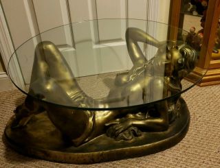 Scarce Vintage Early 1970s Nude Lady Woman Glass Top Coffee Table Art
