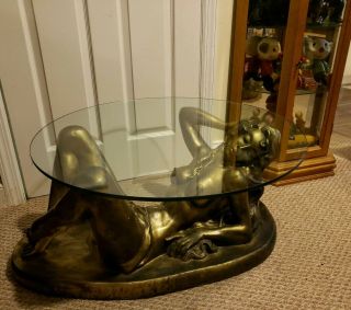 SCARCE VINTAGE EARLY 1970s Nude Lady Woman Glass Top Coffee Table art 6