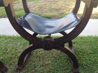 Vintage Savonarola Chair Italy With Crest Back Wooden.  Carving Design 10