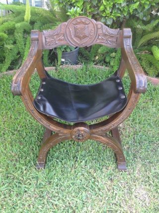 Vintage Savonarola Chair Italy With Crest Back Wooden.  Carving Design 2