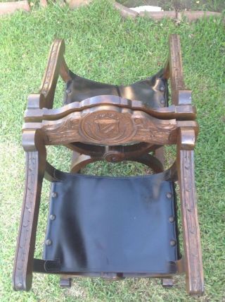 Vintage Savonarola Chair Italy With Crest Back Wooden.  Carving Design 8