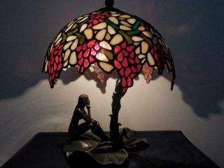 Gustave Gurschner Bronze Sculpture Lamp With Leaded Glass Shade