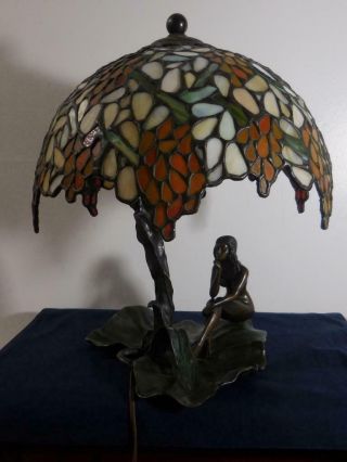 Gustave Gurschner Bronze Sculpture Lamp With Leaded Glass Shade 2