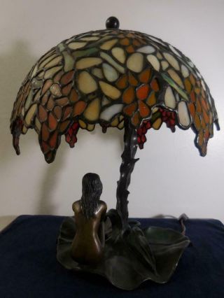 Gustave Gurschner Bronze Sculpture Lamp With Leaded Glass Shade 3