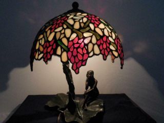Gustave Gurschner Bronze Sculpture Lamp With Leaded Glass Shade 7