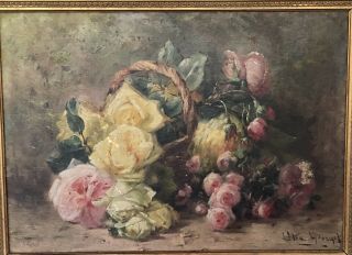 Antique French Painting Oil On Canvas Flower Basket By " Elisa Georget "