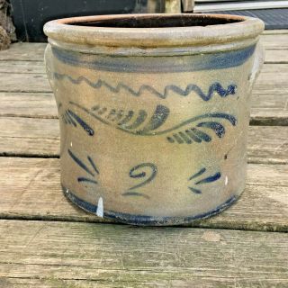 Antique 2 Gal.  Salt Glazed Stoneware Crock W/ Handles & Colbalt Blue Design Pa.