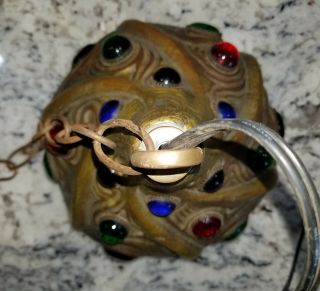 Antique Jeweled Jugendstil Nouveau Crafts era Hand Hammered Hanging Brass Lamp 2