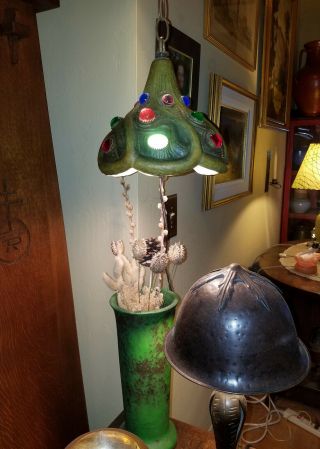 Antique Jeweled Jugendstil Nouveau Crafts era Hand Hammered Hanging Brass Lamp 5