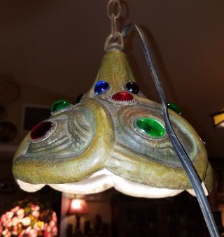 Antique Jeweled Jugendstil Nouveau Crafts era Hand Hammered Hanging Brass Lamp 7